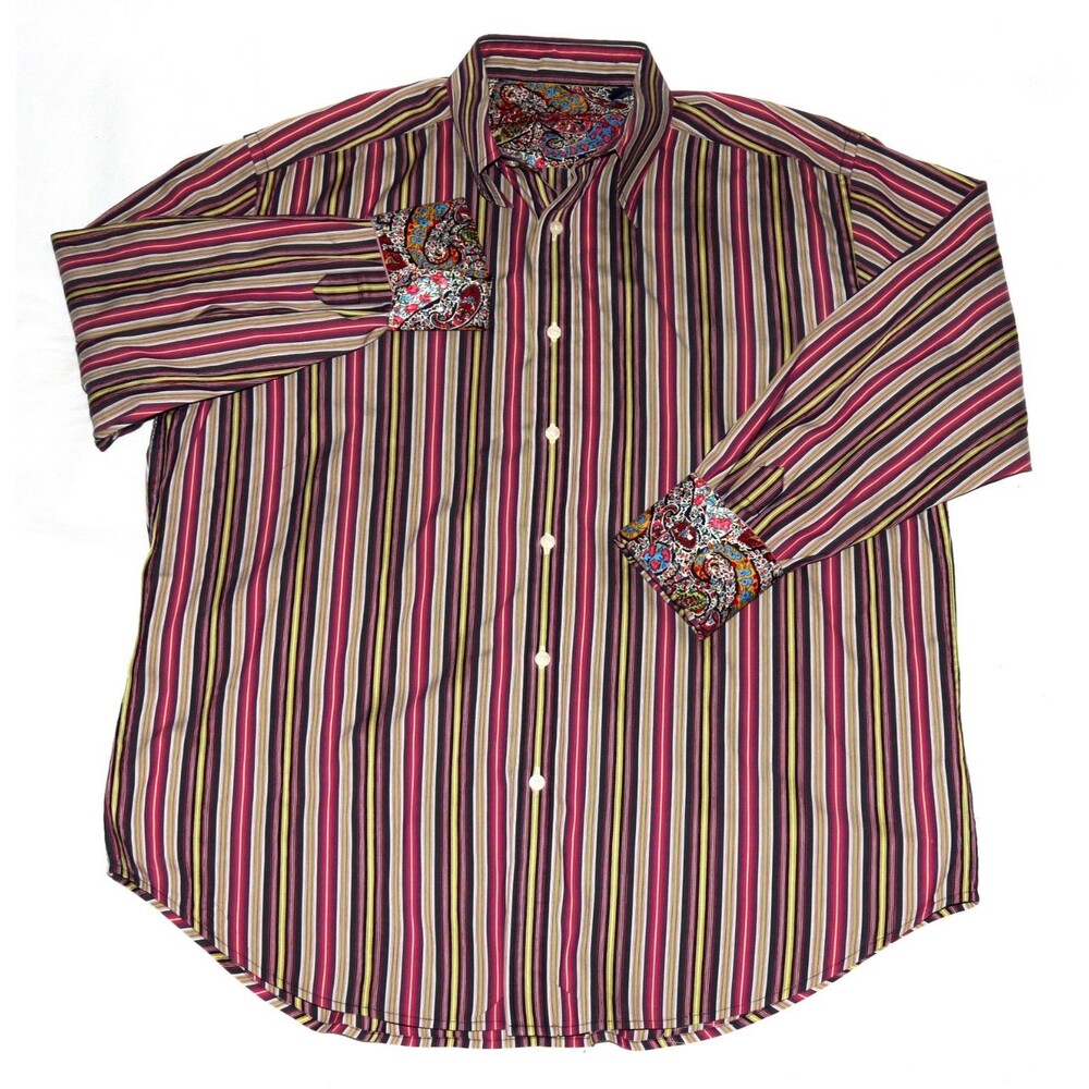 Robert Graham Mens Long Sleeve Button Up Striped Paisley Flip Cuff Shirt Size XL